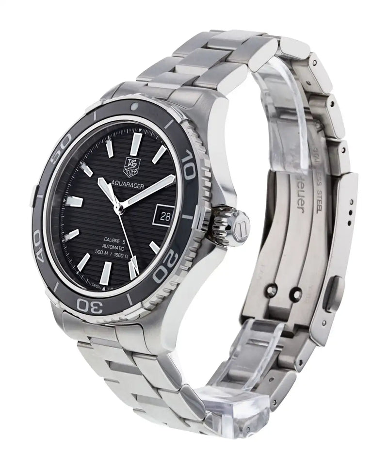 Shop Tag Heuer Aquaracer Caliber 5 Automatic Black Dial Silver Steel Strap Watch for Men - WAK2110.BA0830 in USA
