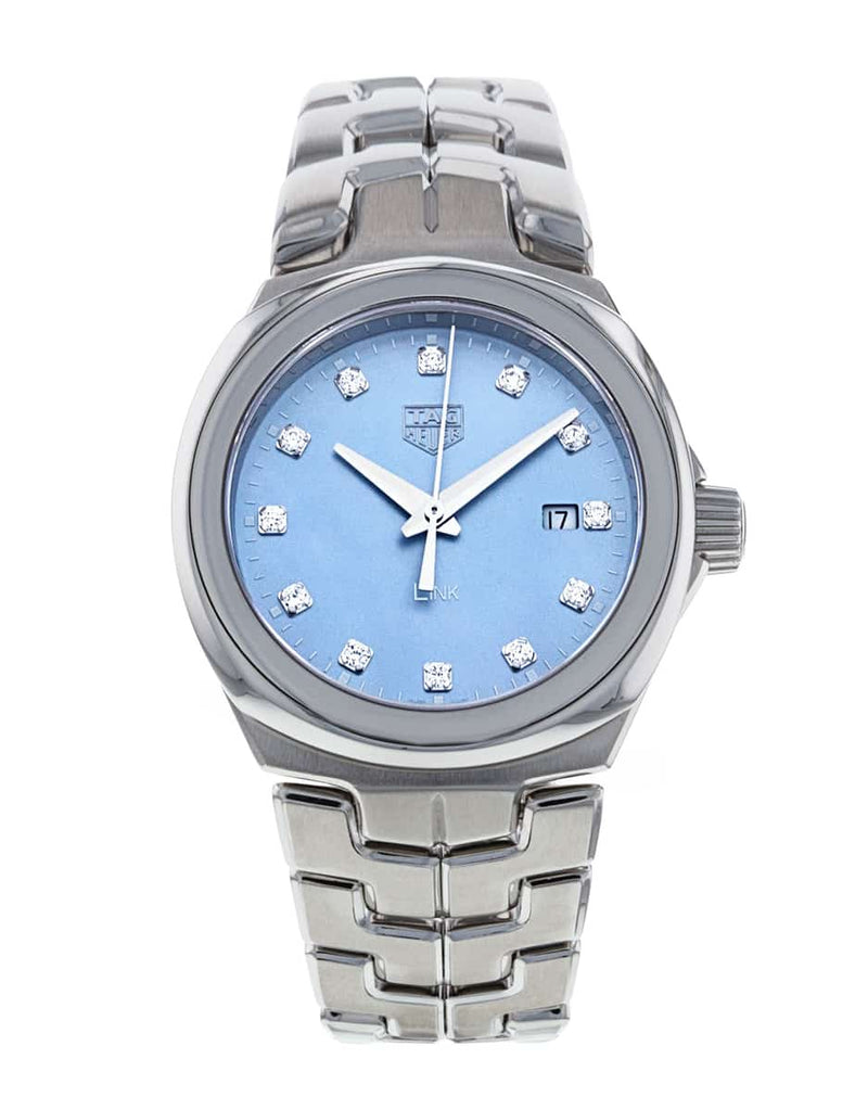 Shop Tag Heuer Link Quartz Diamonds Blue Mother of Pearl Dial Silver Steel Strap Watch for Women - WBC1313.BA0600 in USA