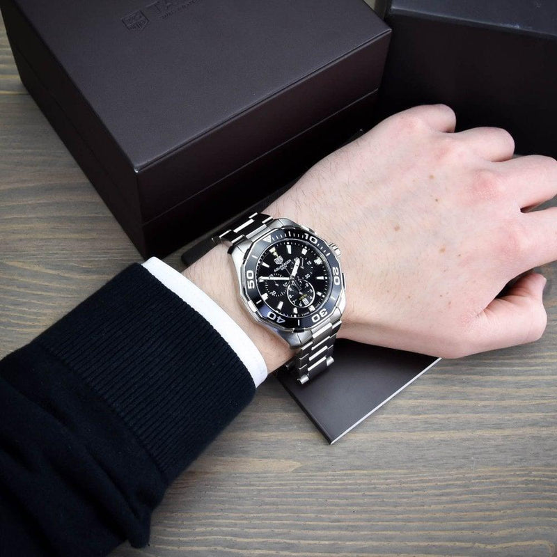 Tag Heuer Aquaracer Quartz Chronograph Black Dial Silver Steel Strap Watch for Men - CAY111A.BA0927 Buy Now By Tag Heuer