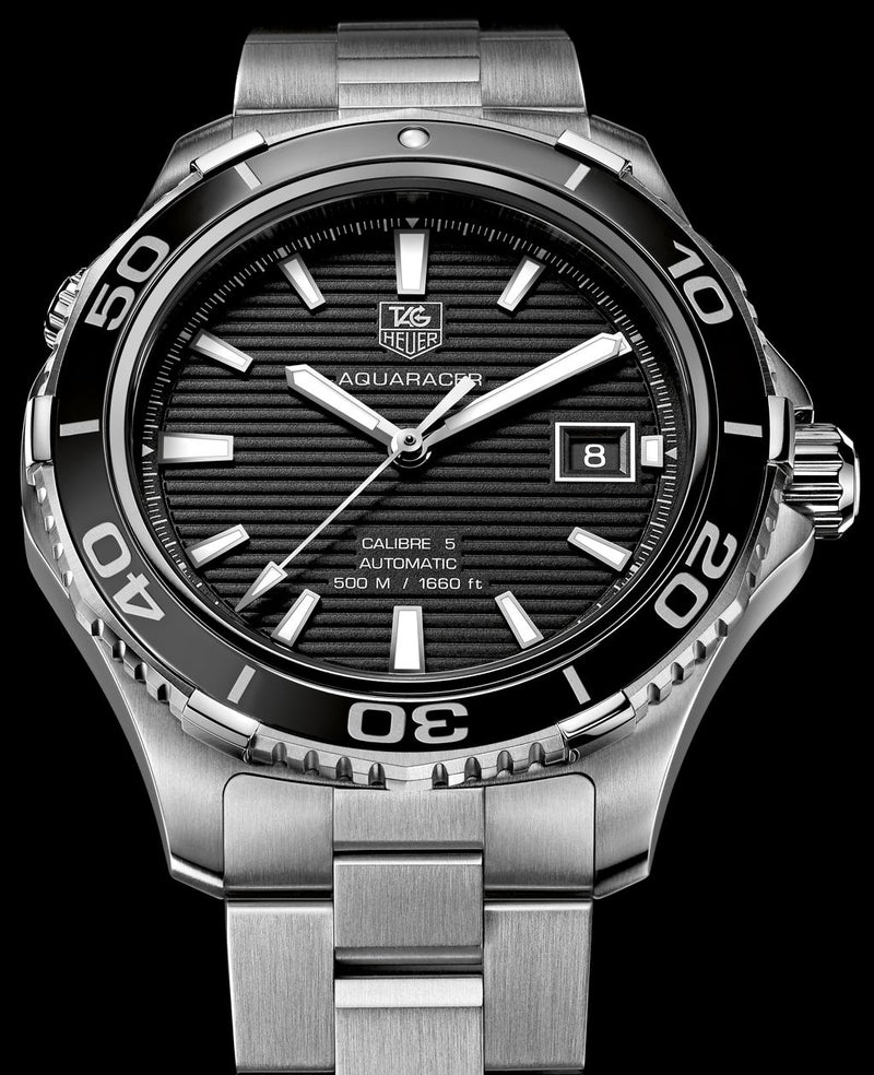 Shop Tag Heuer Aquaracer Caliber 5 Automatic Black Dial Silver Steel Strap Watch for Men - WAK2110.BA0830 in USA