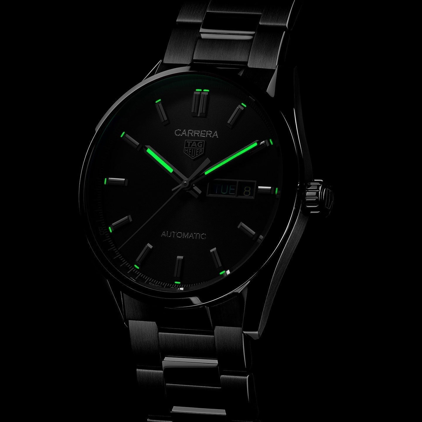 Tag Heuer Carrera Day Date Automatic Black Dial Silver Steel Strap Watch for Men - WBN2010.BA0640