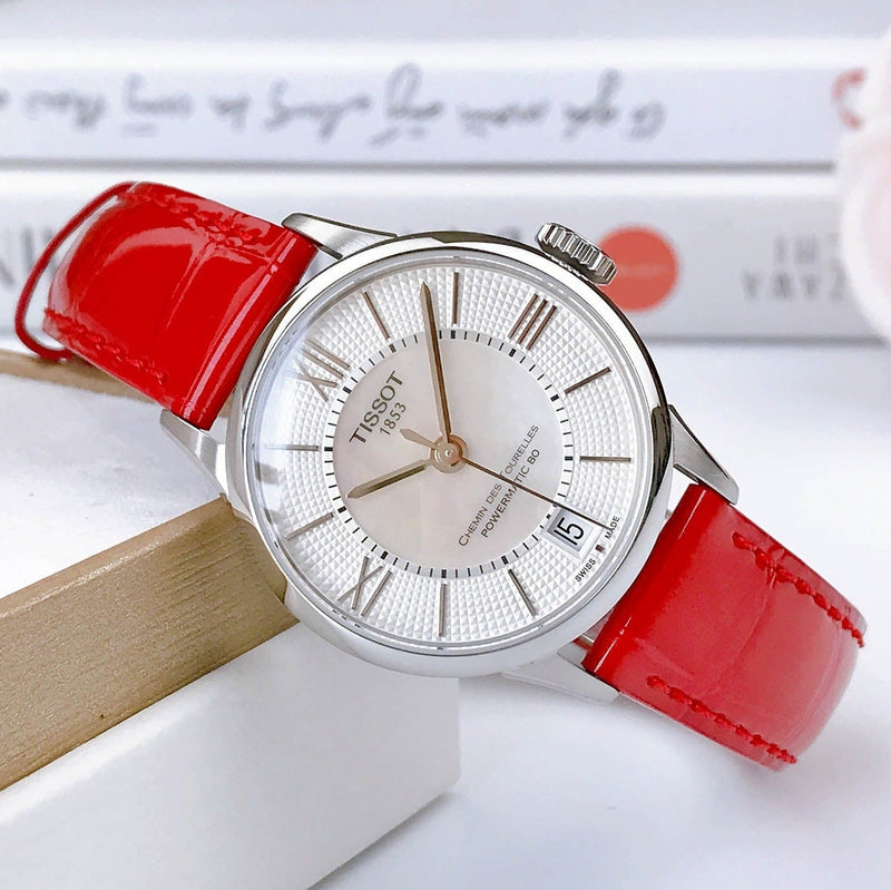 Tissot Chemin Des Tourelles Powermatic 80 Mother of Pearl White Dial Red Leather Strap Watch For Women - T099.207.16.118.00