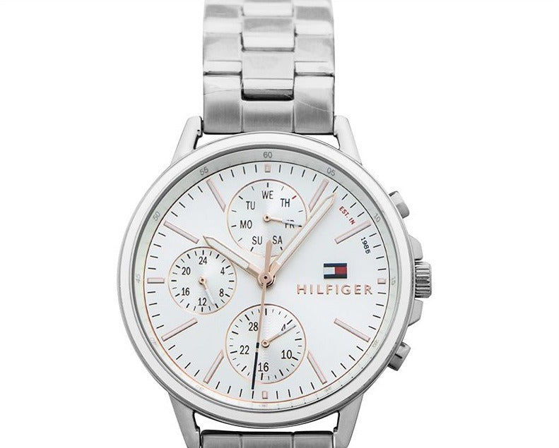 Shop Tommy Hilfiger Carly White Dial Silver Stainless Steel Strap Watch for Women - 1781787 in USA
