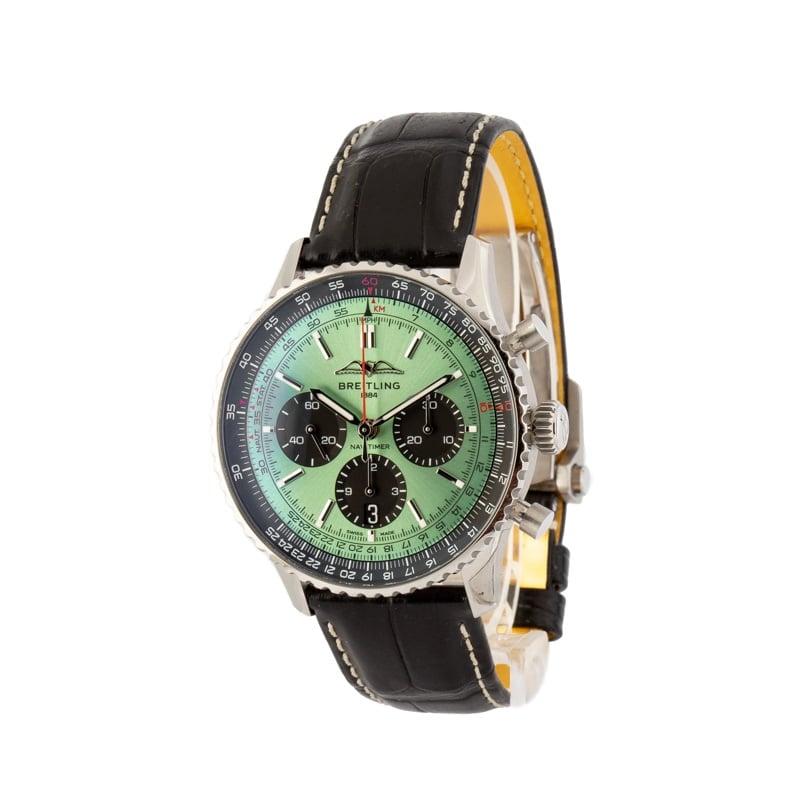Shop Breitling Navitimer B01 Chronograph 43 Green Dial Black Leather Strap Watch for Men - AB0138241L1P1 in USA