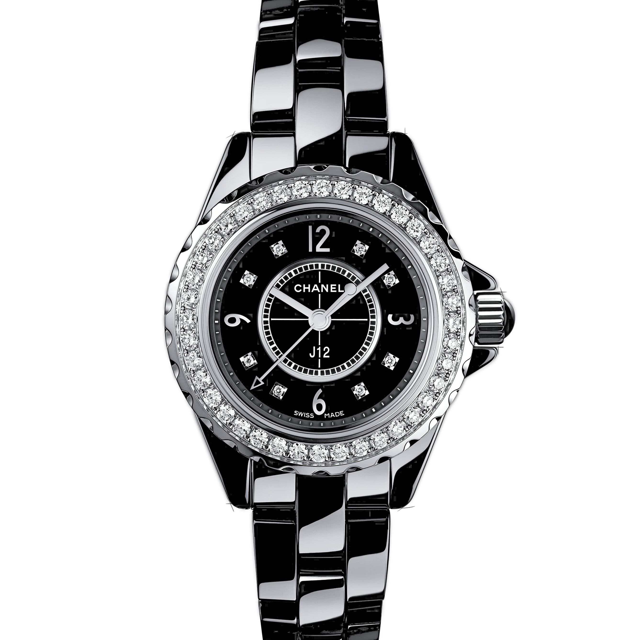 Chanel J12 Diamonds Ceramic Black Dial Black Steel Strap Watch for Women - J12 H2571