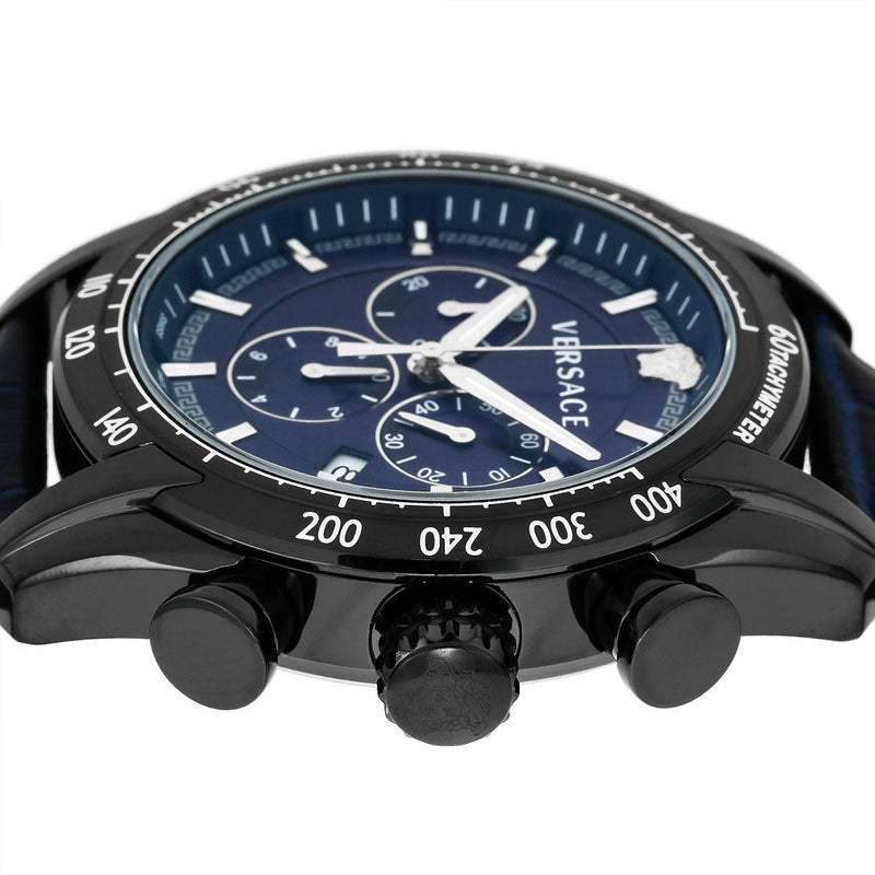 Versace V-Ray Chronograph Quartz Blue Dial Black Leather Strap Watch For Men - VEDB00418 Buy Now By Versace