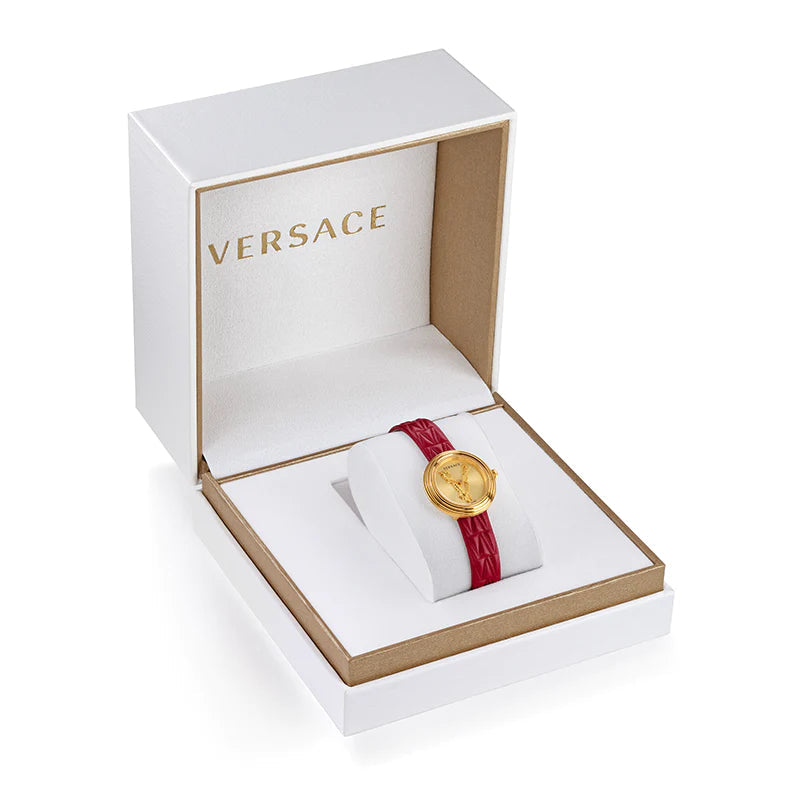 Versace Virtus Mini Quartz Gold Dial Red Leather Strap Watch For Women - VET300521 Buy Now By Versace