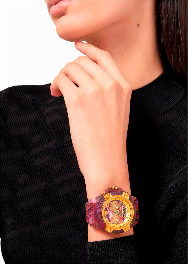 Versace Icon Active Chronograph Quartz Gold Dial Red Leather Strap Watch For Men - VEZ701222 Buy Now By Versace