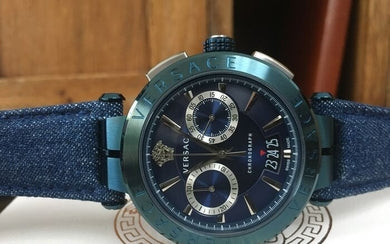 Shop Versace Aion Chronograph Blue Dial Blue Leather Strap Watch for Men - VBR070017 in USA