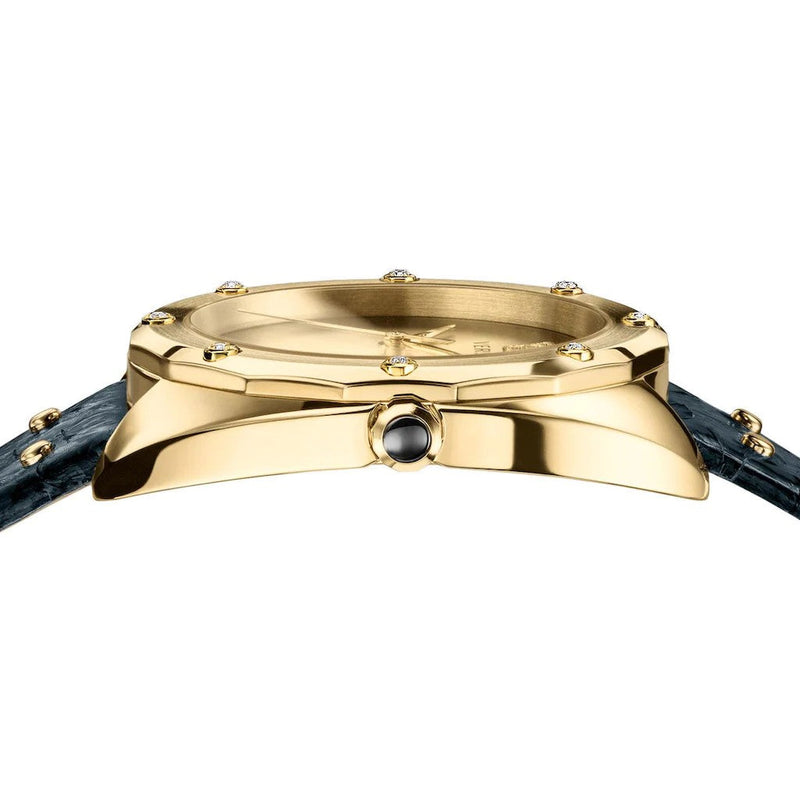 Versace Shadov Quartz Gold Dial Black Leather Strap Watch for Women - VEBM01118 Buy Now By Versace