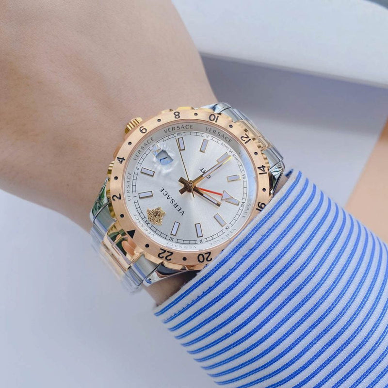 Versace Hellenyium GMT Silver Dial Two Tone Steel Strap Watch for Men - V11030015 Buy Now By Versace