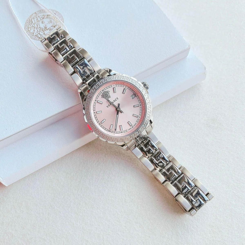 Versace Hellenyium Pink Dial Silver Steel Strap Watch for Women - V12010015 Buy Now By Versace