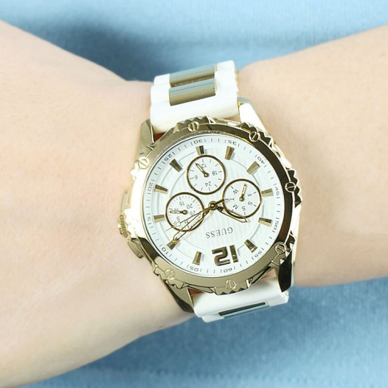 Guess Intrepid White Dial Two Tone Silicone Strap Watch For Women - W0325L2 Buy Now By Guess