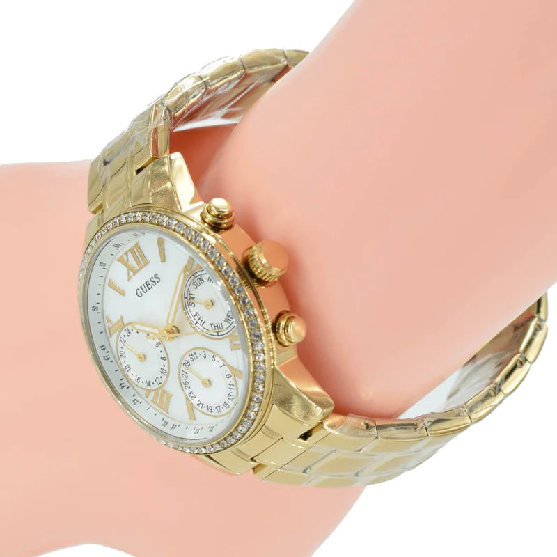 Guess Mini Sunrise Diamonds Silver Dial Gold Steel Strap Watch for Women - W0623L3 Buy Now By Guess