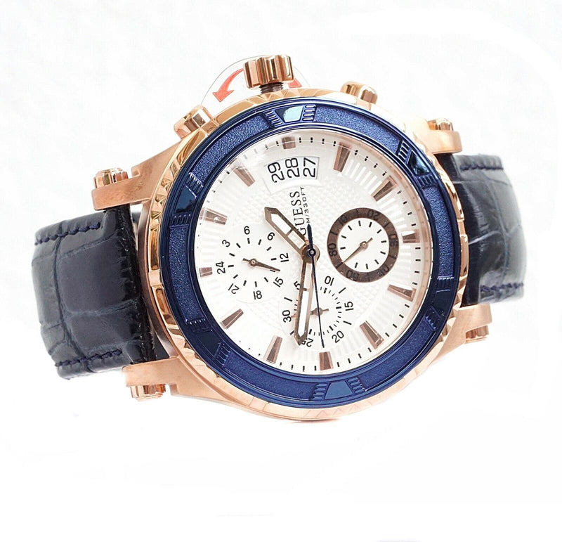 Shop Guess Pinnacle Chronograph White Dial Blue Leather Strap Watch For Men - W0673G6 in USA