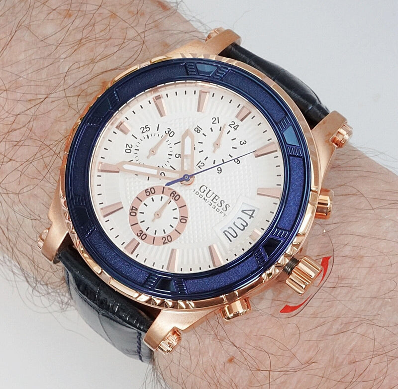 Shop Guess Pinnacle Chronograph White Dial Blue Leather Strap Watch For Men - W0673G6 in USA