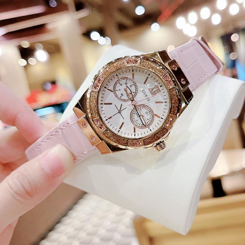 Shop Guess Limelight Quartz Analog White Dial Pink Leather Strap Watch For Women - W0775l3 in USA