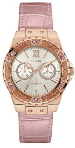 Shop Guess Limelight Quartz Analog White Dial Pink Leather Strap Watch For Women - W0775l3 in USA