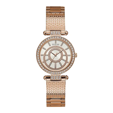 Guess Muse Quartz Silver Dial Rose Gold Steel Strap Watch For Women - W1008L3
