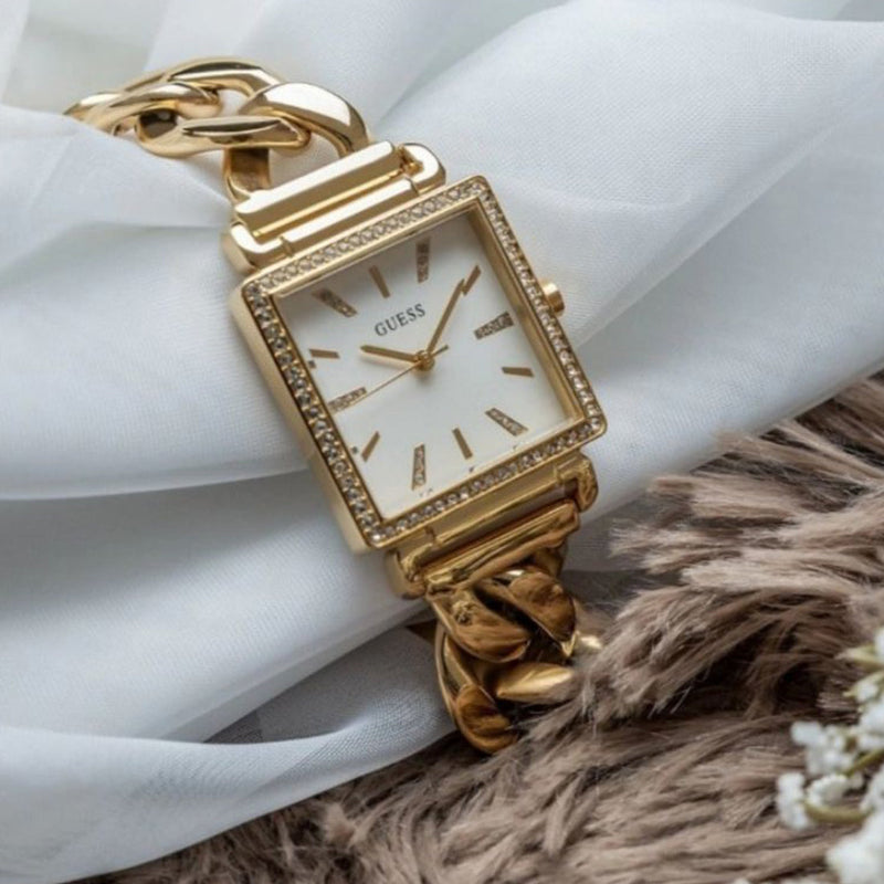 Shop Guess Vanity Diamonds Silver Dial Gold Steel Strap Watch for Women - W1030L4 in USA