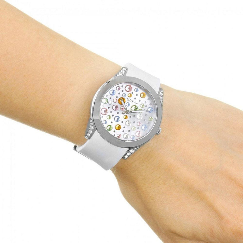 Guess Wanderlust Crystals Silver Dial White Rubber Strap Watch For Women - W1059L3 Buy Now By Guess
