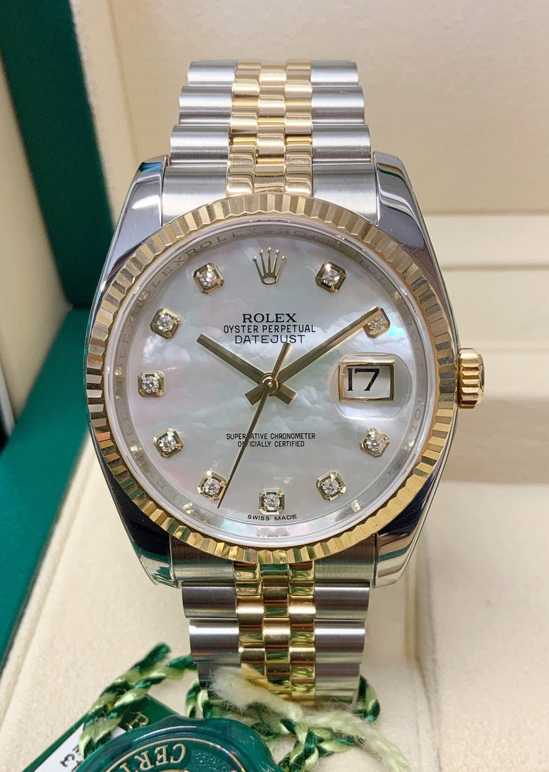 Shop Rolex Datejust Oyster 36 Diamonds Silver Dial Two Tone Oystersteel Yellow Gold Strap Watch for Women - M126233-0023 in USA