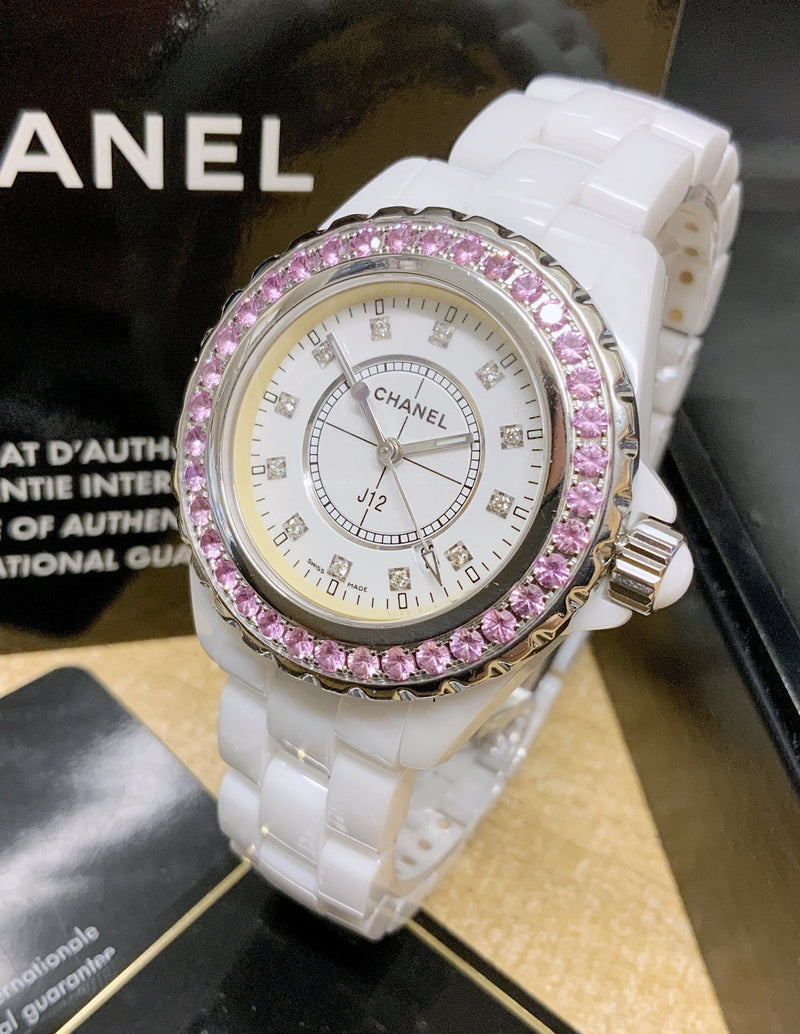 Shop Chanel J12 Sapphire Bezel Ceramic White Dial White Steel Strap Watch for Women - J12 H2010 in USA