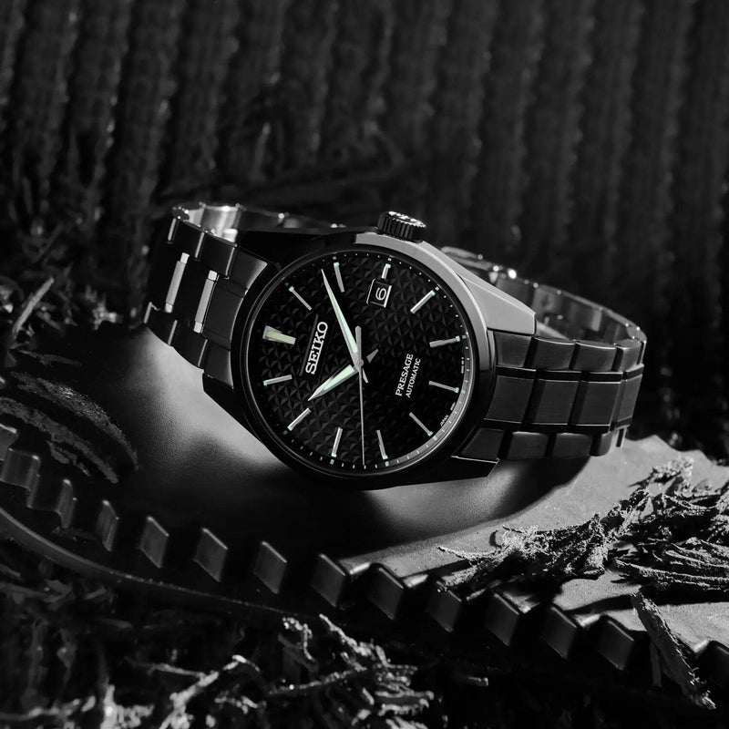 Shop Seiko Presage Sharp Edged Series Black Dial Black Steel Strap Watch For Men - SPB229J1 in USA