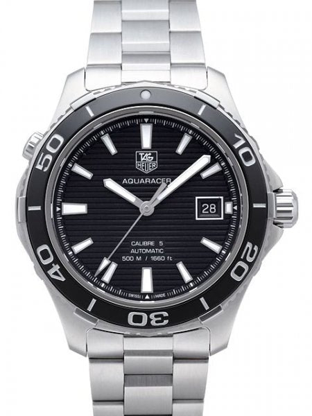 Shop Tag Heuer Aquaracer Caliber 5 Automatic Black Dial Silver Steel Strap Watch for Men - WAK2110.BA0830 in USA