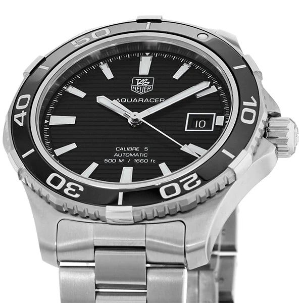 Shop Tag Heuer Aquaracer Caliber 5 Automatic Black Dial Silver Steel Strap Watch for Men - WAK2110.BA0830 in USA