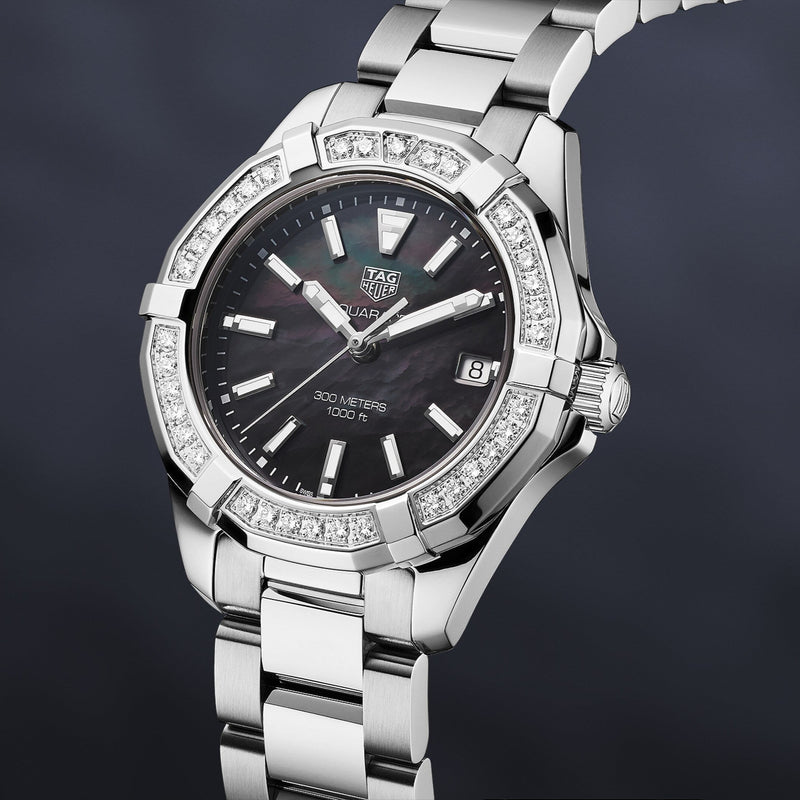 Shop Tag Heuer Aquaracer Quartz Diamonds Black Dial Silver Steel Strap Watch for Women - WAY131P.BA0748 in USA