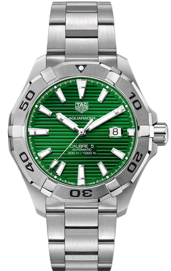 Shop Tag Heuer Aquaracer Calibre 5 Automatic Green Dial Silver Steel Strap Watch for Men - WAY2015.BA0927 in USA