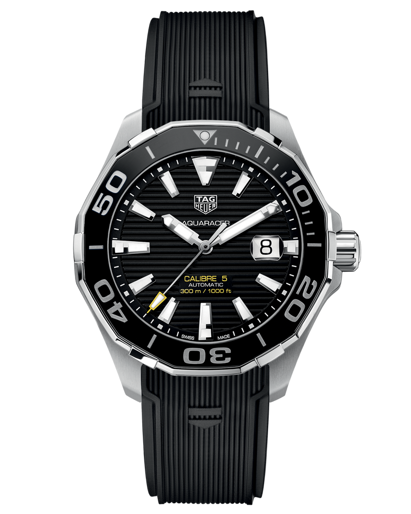 Shop Tag Heuer Aquaracer Calibre 5 Automatic Black Dial Black Rubber Strap Watch for Men - WAY201A.FT6142 in USA