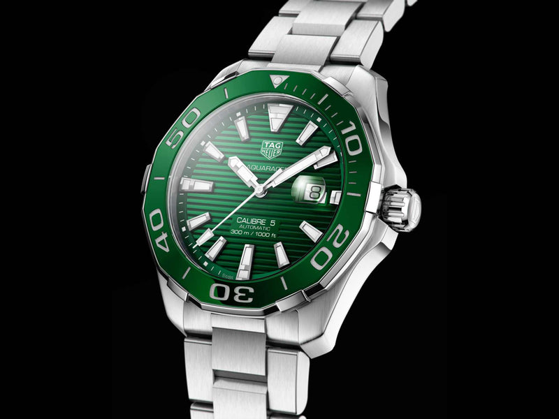 Shop Tag Heuer Aquaracer Calibre 5 Green Dial Silver Steel Strap Watch for Men - WAY201S.BA0927 in USA