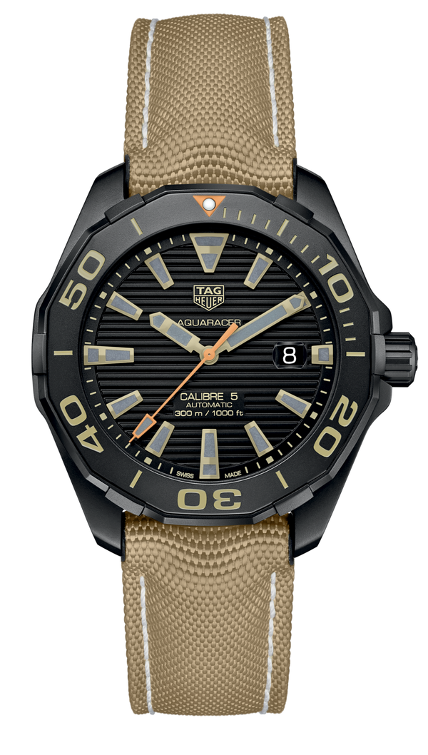 Shop Tag Heuer Aquaracer 300 Calibre 5 Automatic Black Dial Brown Fabric Strap Watch for Men - WAY208C.FC6383 in USA