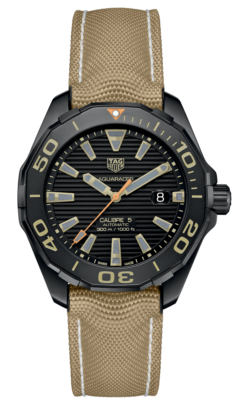 Shop Tag Heuer Aquaracer 300 Calibre 5 Automatic Black Dial Brown Fabric Strap Watch for Men - WAY208C.FC6383 in USA