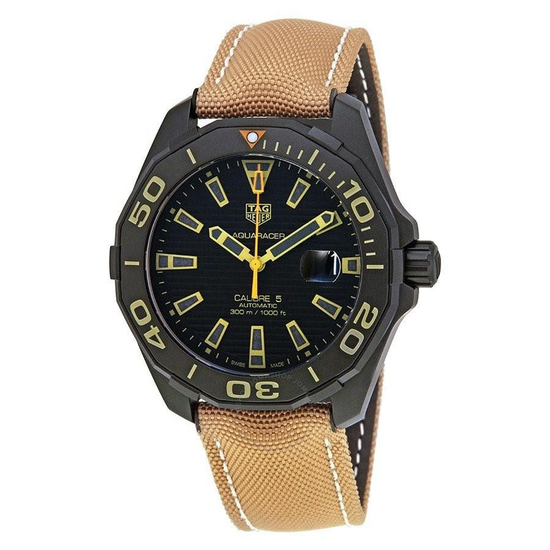 Shop Tag Heuer Aquaracer 300 Calibre 5 Automatic Black Dial Brown Fabric Strap Watch for Men - WAY208C.FC6383 in USA