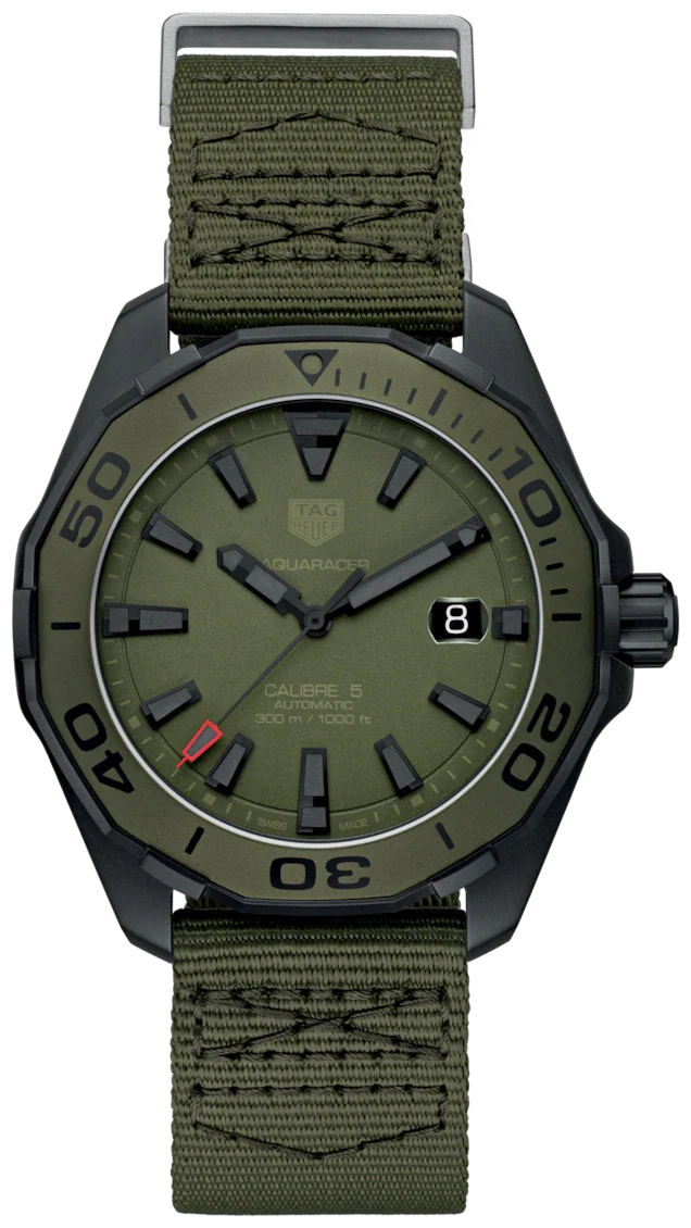 Tag Heuer Aquaracer Automatic Green Dial Khakhi Green Nylon Strap Watch for Men - WAY208E.FC8222 Buy Now By Tag Heuer