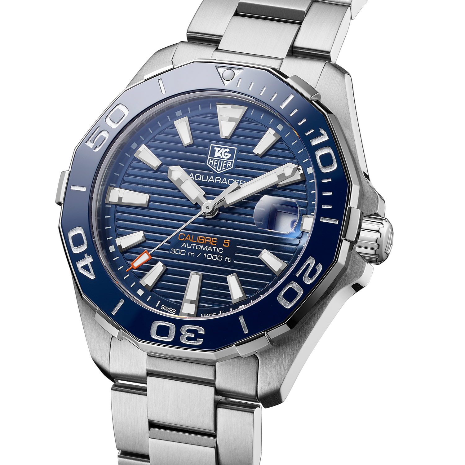 Tag Heuer Aquaracer Calibre 5 Blue Dial Silver Steel Strap Watch for Men - WAY211C.BA0928