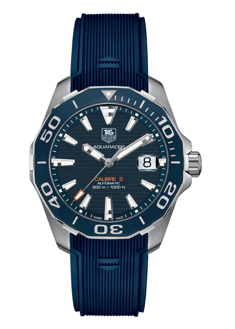 Shop Tag Heuer Aquaracer Calibre 5 Blue Dial Blue Silicone Strap Watch for Men - WAY211C.FT6155 in USA