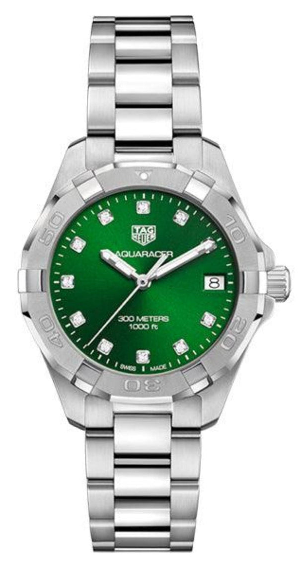 Shop Tag Heuer Aquaracer Diamonds Emerald Green Dial Silver Steel Strap Watch for Women - WBD1316.BA0740 in USA