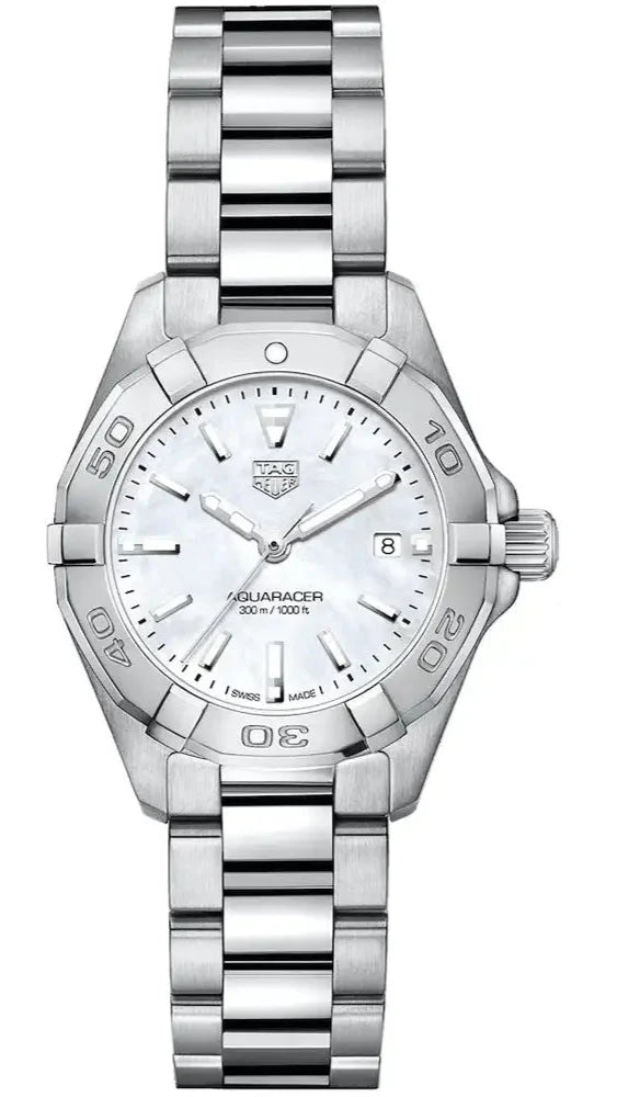 Shop Tag Heuer Aquaracer Quartz Mother of Pearl White Dial Silver Steel Strap Watch for Women - WBD1411.BA0741 in USA