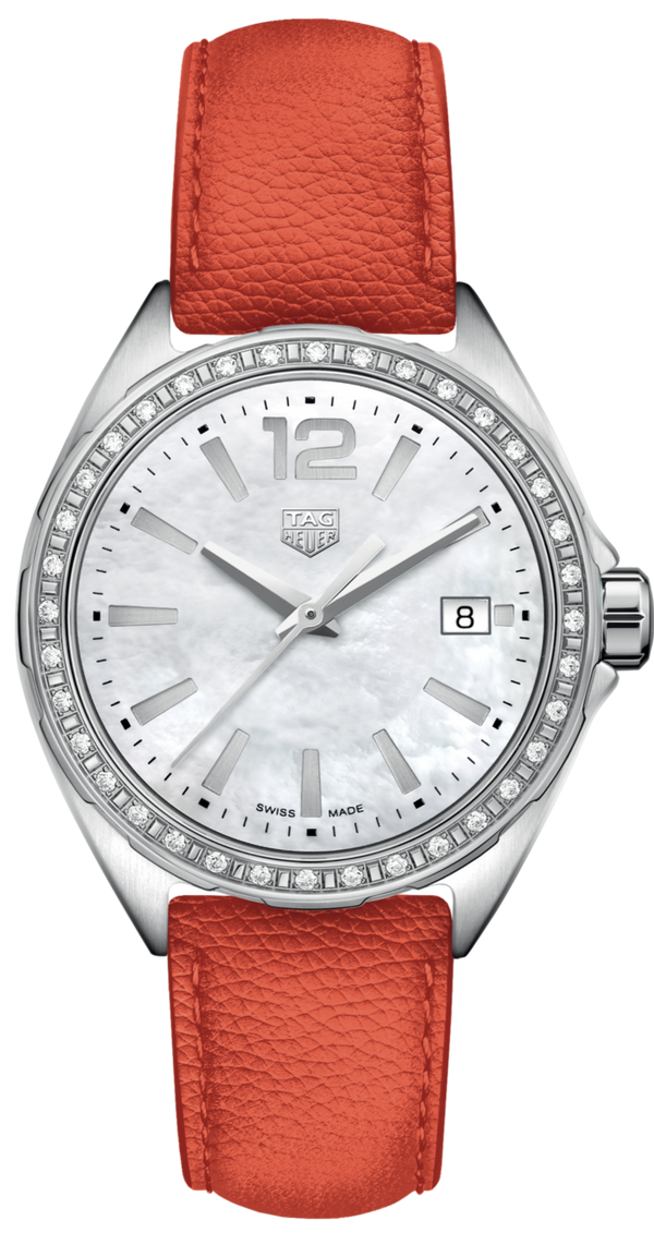 Shop Tag Heuer Formula 1 Quartz Diamonds Mother of Pearl Dial Orange Leather Strap Watch for Women - WBJ131A.FC8250 in USA