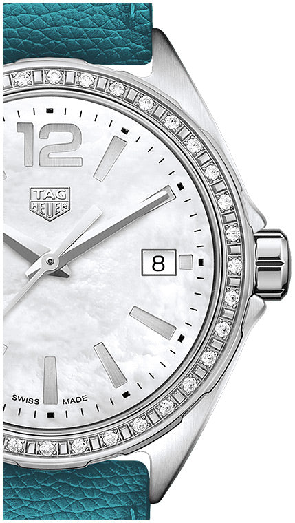 Shop Tag Heuer Formula 1 Quartz Diamonds Mother of Pearl Dial Blue Leather Strap Watch for Women - WBJ131A.FC8256 in USA