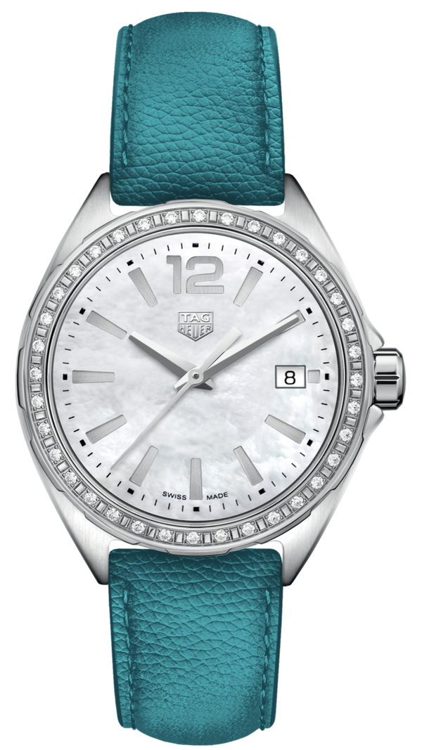 Shop Tag Heuer Formula 1 Quartz Diamonds Mother of Pearl Dial Blue Leather Strap Watch for Women - WBJ131A.FC8256 in USA