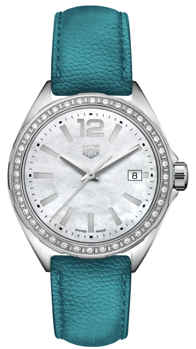 Shop Tag Heuer Formula 1 Quartz Diamonds Mother of Pearl Dial Blue Leather Strap Watch for Women - WBJ131A.FC8256 in USA