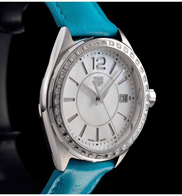 Shop Tag Heuer Formula 1 Quartz Diamonds Mother of Pearl Dial Blue Leather Strap Watch for Women - WBJ131A.FC8256 in USA