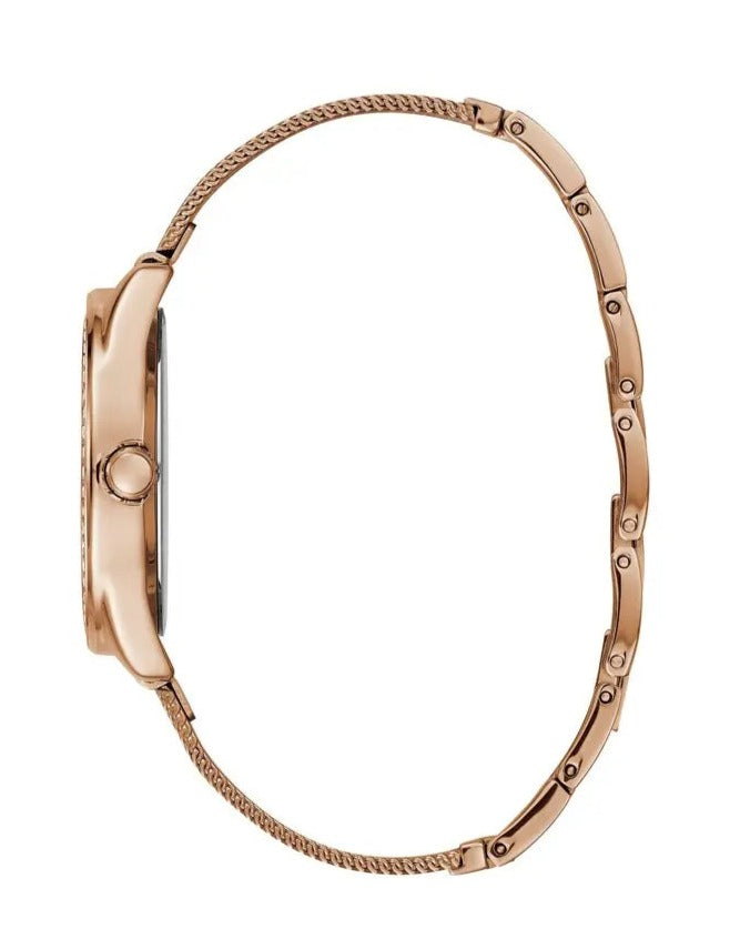Shop Guess Tri Glitz Quartz Diamonds Rose Gold Dial Rose Gold Mesh Bracelet Watch For Women - W1142L4 in USA