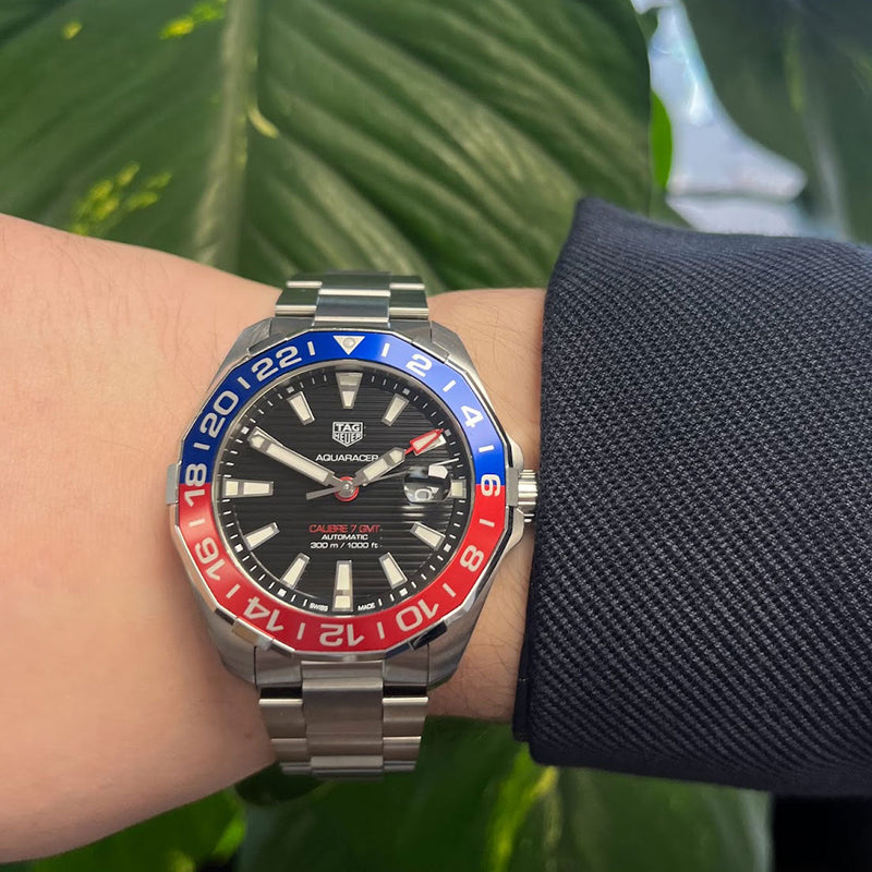Tag Heuer Aquaracer GMT Caliber 7 Pepsi Black Dial Silver Steel Strap Watch for Men - WAY201F.BA0927 Buy Now By Tag Heuer