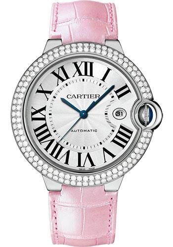 Shop Cartier Ballon Bleu De Cartier Diamonds Silver Dial Pink Leather Strap Watch for Women - WE902037 in USA